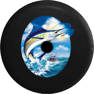 Jeep Wrangler JL Backup Camera Day Marlin Leaping after Fishing Lure on Charter RV Camper Spare Tire Cover-35 inch