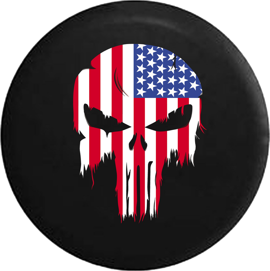 Tattered American Flag Punisher Skull RV Camper Spare Tire Cover-35 inch