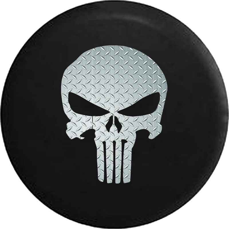 Brushed Steel Diamond Plate American Patriot Punisher Skull RV Camper Spare Tire Cover-35 inch