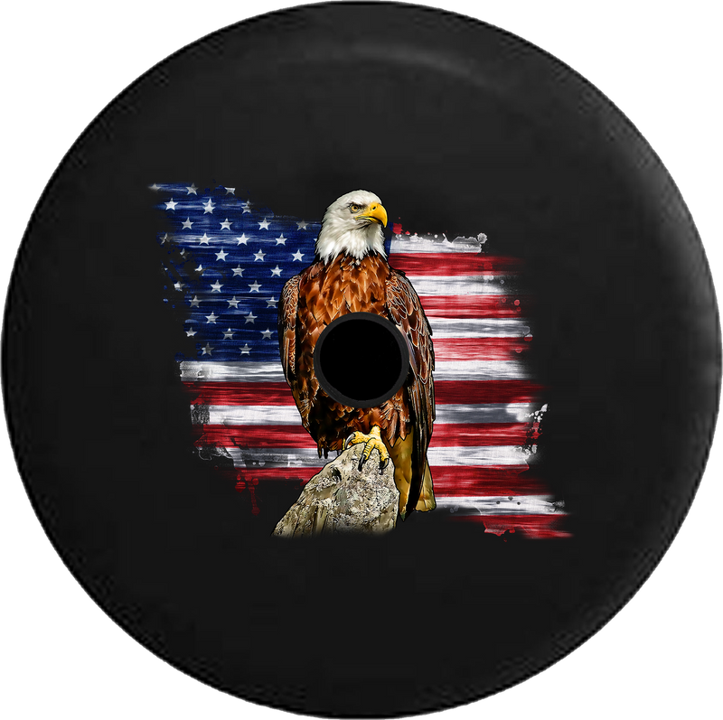 Jeep Wrangler JL Backup Camera Day Rustic Vintage American Flag Bald Eagle Pearched on Stone RV Camper Spare Tire Cover-35 inch