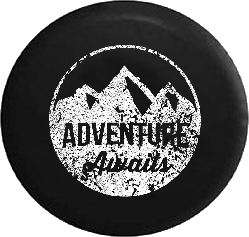 Distressed - Adventure Awaits Mountain Scene Stamp Style Jeep Camper Spare Tire Cover J303 35 inch