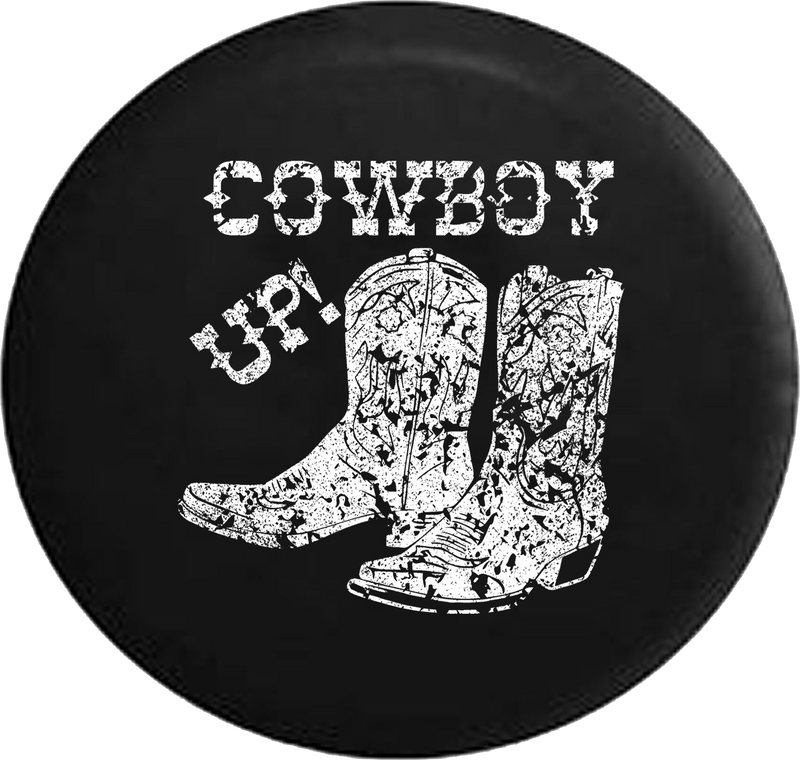Distressed - Cowboy Up Western Boots Riding Heritage Jeep Camper Spare Tire Cover S239 35 inch