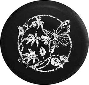 Distressed - Butterfly on Flowers & Leaves Jeep Camper Spare Tire Cover T015 35 inch