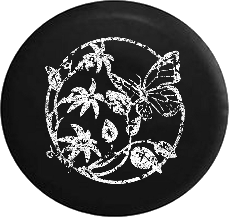 Distressed - Butterfly on Flowers & Leaves Jeep Camper Spare Tire Cover T015 35 inch