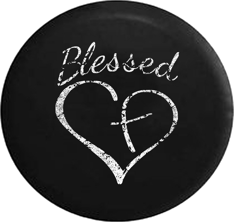 Distressed - Blessed Heart with Cross Jeep Jeep Camper Spare Tire Cover U145 35 inch
